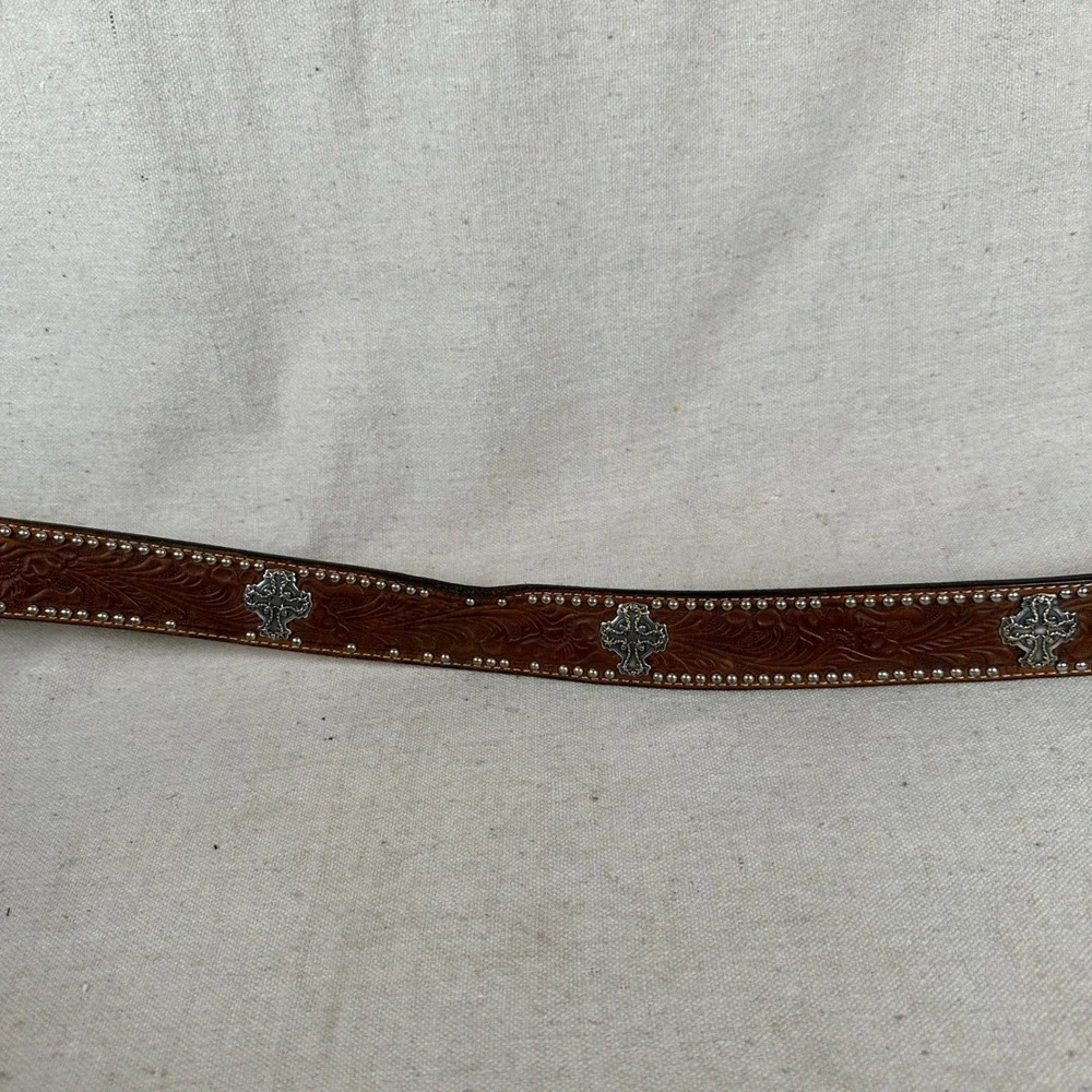 Mens Brown Tooled Leather Western Belt Silver Cross‎ Conchos Studded Size 38